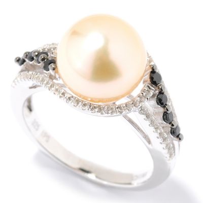 SS 10-11mm ROUND GOLDEN SOUTH SEA, BLACK SPINEL & WHITE TOPAZL RING