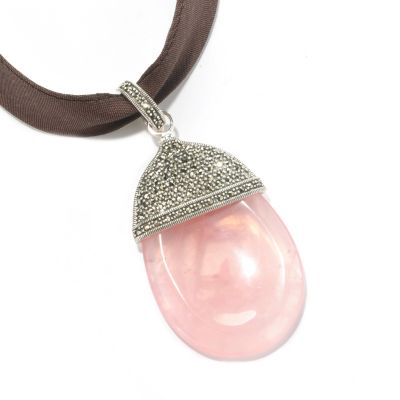SS TOGGLE NECK WITH CHOCOLATE RIBBON QTZ DROP PEND