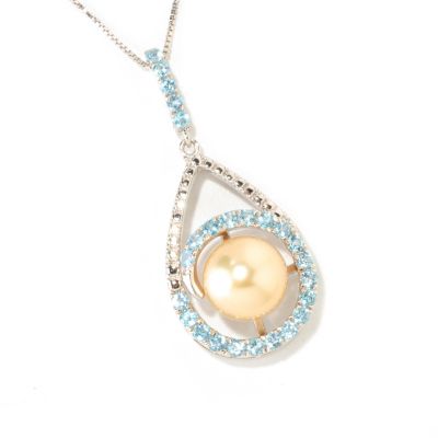 SS 10-11mm GOLDEN SOUTH SEA & SWISS BLUE TOPAZ PENDANT w/CHAIN