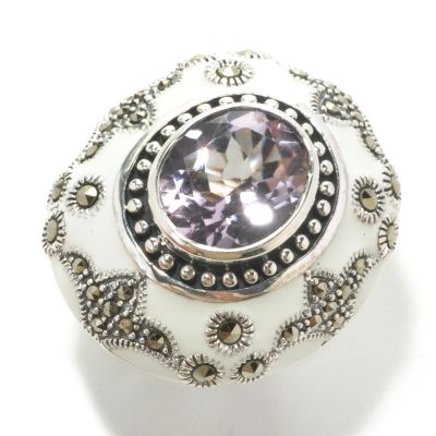 SS OVAL PRASIOLITE AND MARCASITE RING