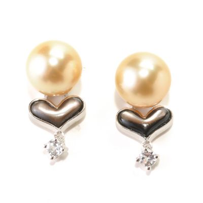 SS 9-10mm ROUND GOLDEN SOUTH SEA, BLACK MOP HEART & WHITE TOPAZ EARRINGS