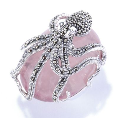 SS OCTOPUS MARCASITE RING WITH ROSE QTZ