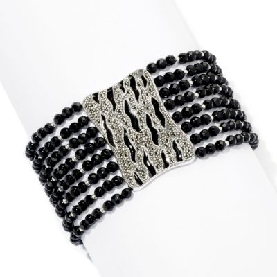 126-170 - Dallas Prince 8.5'' Sterling Silver Onyx Bead Bracelet Made w/ Swarovski&reg; Marcasite