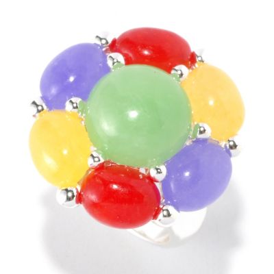 126-174 - Gem Insider Sterling Silver Multi Color Round & Oval Shaped Jade Flower Ring