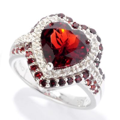 SS HEART SHAPED GARNET RING WITH WHITE TOPAZ