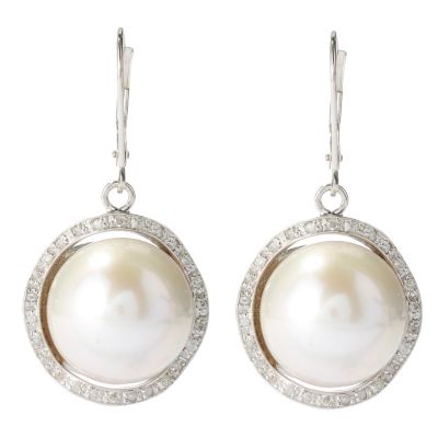 14K 15-16mm WHITE FWP & DIAMOND LEVERBACK EARRINGS