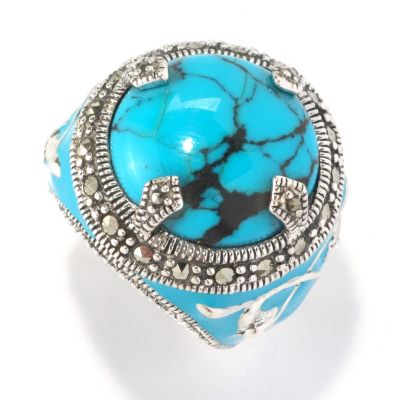 SS TURQ ROUND STONE WITH TURQ ENAMEL RING