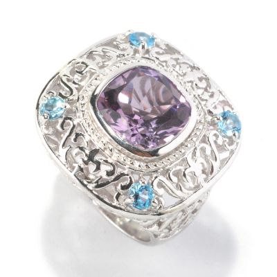 126-204 - Gem Insider Sterling Silver 4.30ctw Amethyst & Swiss Blue Topaz Cushion Shape Ring