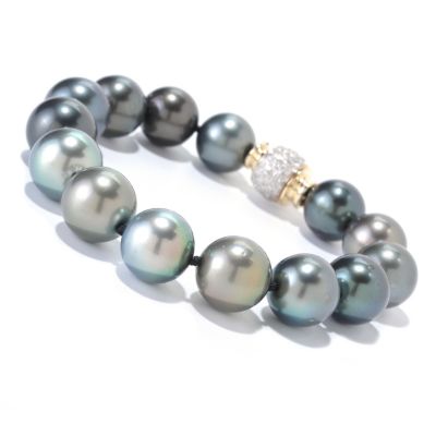 14K YG 8" 12-13MM SEMI ROUND TAHITIAN BRACLET WITH DIAMOND CLASP