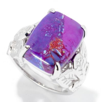 SS REC SHAPE TURQ RING WITH LEAF DETAIL SHANK