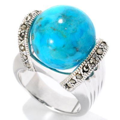 126-222 - Gem Insider Sterling Silver 14mm Turquoise & Grey Marcasite Ball Ring