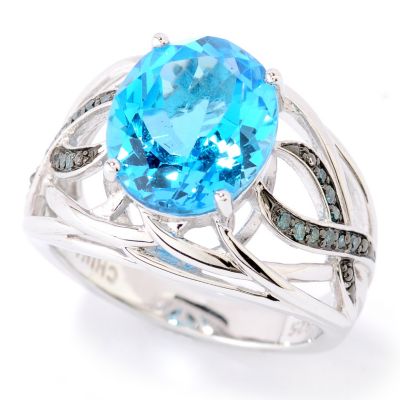 SS OVAL BLUE TOPAZ RING BLUE DIAMOND ACCENTS