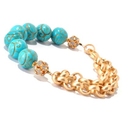 7.5" SATIN GOLD PLATED BRAC W/ MAGNAZITE BEADS & SWAROVSKI CRYSTAL