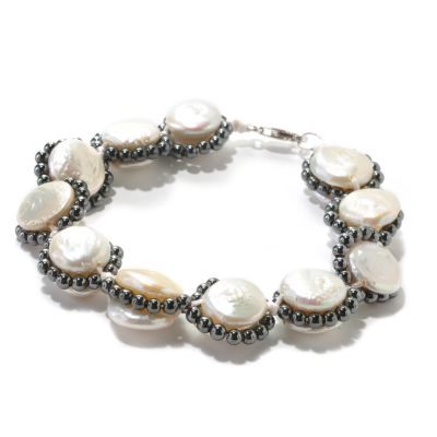 126-298 - Sterling Silver 8'' 11-14mm Coin Shaped Freshwater Cultured Pearl & Hematite Bracelet