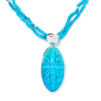 SS TURQ BEAN NECKLACE W/CARVED TURQ PENDANT