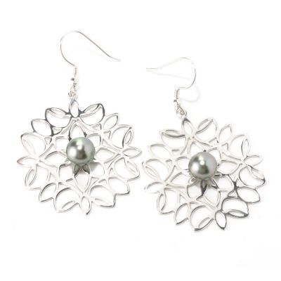 126-300 - Sterling Silver 9-10mm Black Tahitian Cultured Pearl Flower Earrings