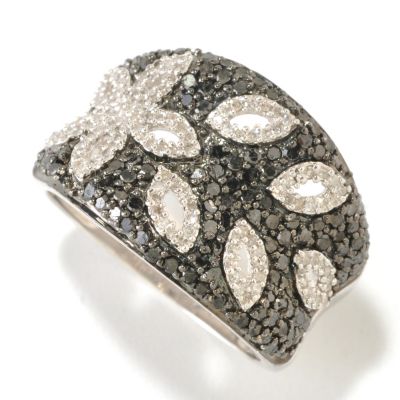 126-381 - Diamond Treasures Sterling Silver 1.04ctw Black & White Diamond Flower Ring
