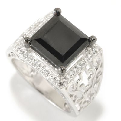 126-383 - Gem Treasures Sterling Silver 10mm Black Spinel & White Topaz Square Wide Ring