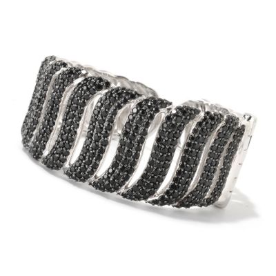 126-410 - Gem Treasures Sterling Silver 6'' Black Spinel Hinged Cuff Bracelet