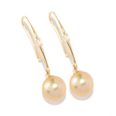 126-435 - 14K Gold 10-11mm Golden South Sea Cultured Pearl & Diamond Earrings