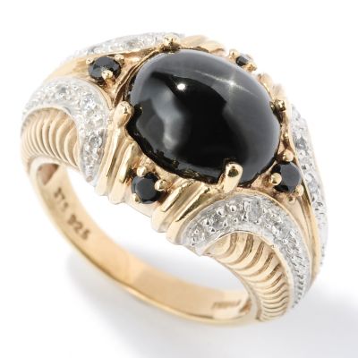 SS/P TWO-TONE RING BLACK STAR DIOPSIDE w/ BLK SPINEL & WHT ZIRCON
