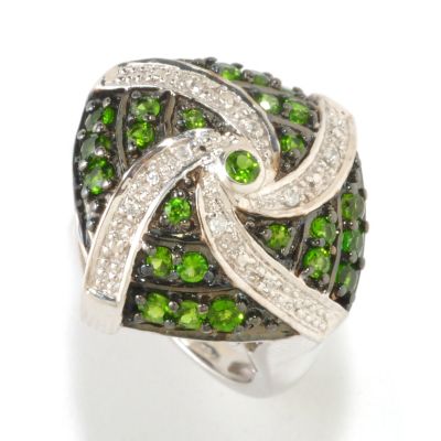 SS/PLAT & BLK RHOD RING EXOTIC GEMSTONE & DIAMOND ACCENT SWIRL DOME