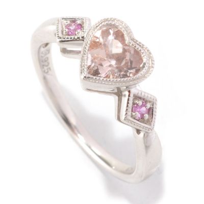 126-480 - Gem Insider Sterling Silver Heart Shaped Morganite & Sapphire Ring