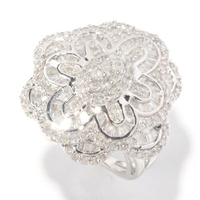 126-489 - Diamond Treasures Sterling Silver 1.50ctw Round & Baguette Diamond Flower Ring 