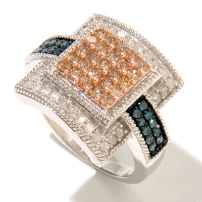 SS 1CTW BLUE, CHAMPAGNE & WHITE DIAMOND SQUARE RING