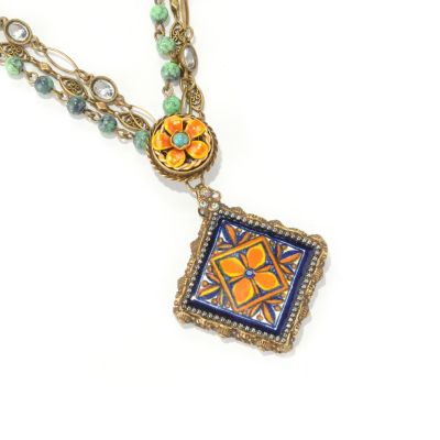 GOLDTONE BLUE-ORANGE TILE NECKLACE