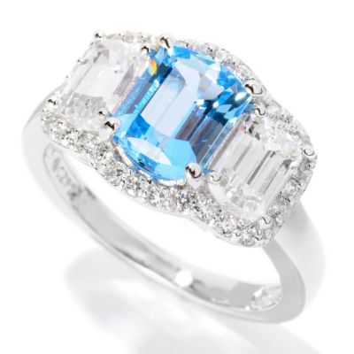 BLTA SS/PLAT THREE STONE ELONGATED CUSHION HALO RING W/ SIMULATED BLUE DIAMOND