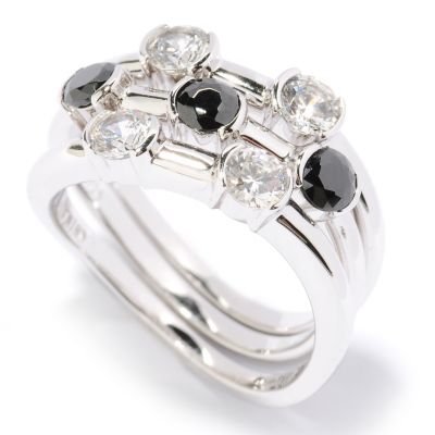 BLTA SS/PLAT SIMULATED BLACK AND WHITE DIAMOND TENSION SET ROUND CUT STACK RINGS