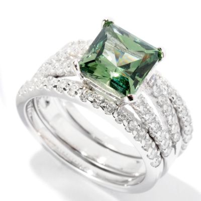 BLTA SS/PLAT GREEN SIMULATED DIAMOND PRINCESS CUT SPLIT SHANK RING WITH 2 BANDS