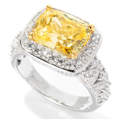 BLTA SS/PLAT SIMULATED CANARY DIAMOND CUSHION HALO RING W/ MILGRAIN