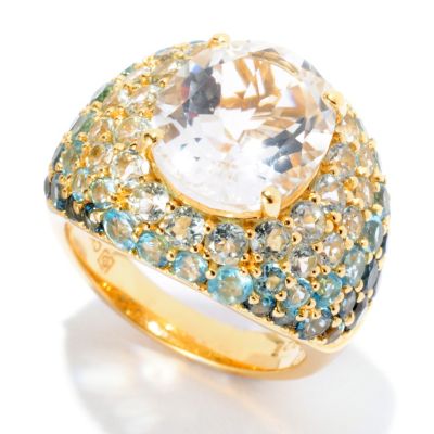 SS/18KV RING WHITE QUARTZ & MULTI BLUE TOPAZ