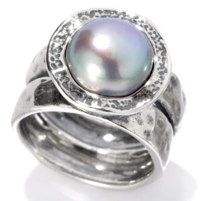126-746 - Passage to Israel Sterling Silver 9.5-10.5mm Freshwater Cultured Pearl Hammered Ring 