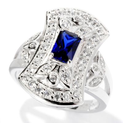 BLTA SS/PLAT EMERALD CUT SIMULATED BLUE SAPPHIRE ANTIQUE STYLE RING