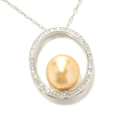 126-810 - Sterling Silver 10-11mm Golden South Sea Cultured Pearl & Diamond Pendant