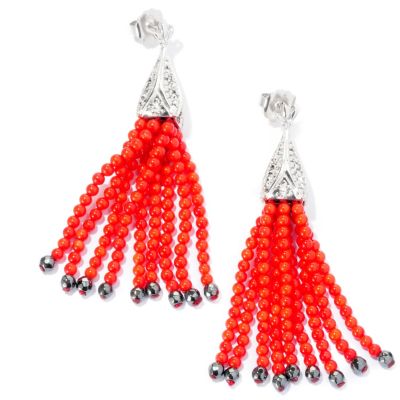 126-943 - Dallas Prince Sterling Silver 3'' Marcasite & Red Coral Tassel Drop Earrings
