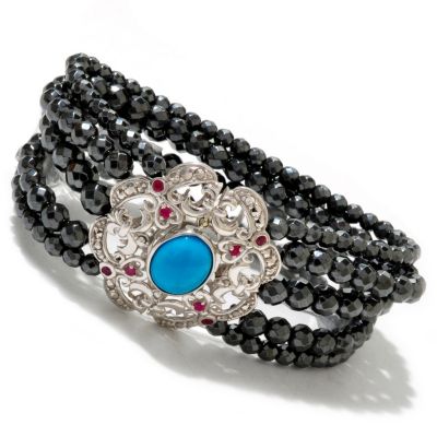 SS 7.75" TURQ SLEEPING BEAUTY HEMATITE BEAD BRAC WITH MARCASITE AND RUBY