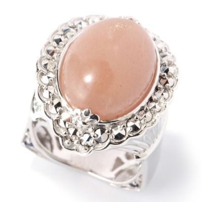 SS PEACH MOONSTONE RING WITH MARCASITE AND BLUE SAPP