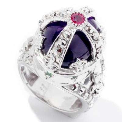 SS CHROME MARCASITE YLW CREST RING WITH AMYTHEST, RUBY AND TSAV