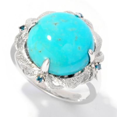 126-981 - Gem Insider Sterling Silver 13 x 13mm Turquoise & Blue Diamond Ring 