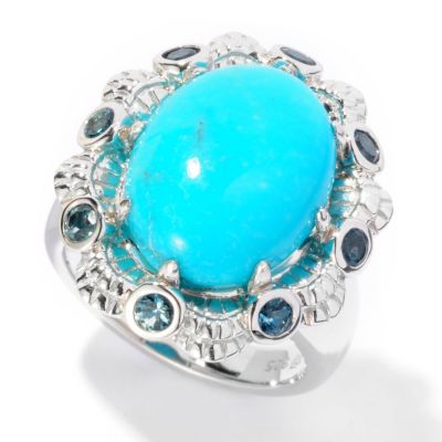 SS ROUND TURQ RING W/ LOND BLUE TOPAZ ACCENTS