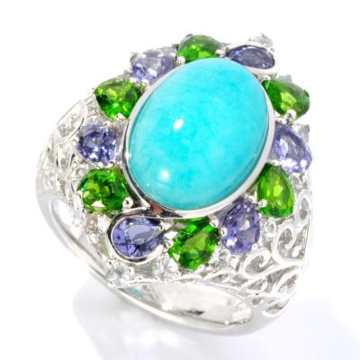 SS ROUND AMAZONITE RING W/ IOLITE, CHROME DIOPSIDE & WHITE SAPP ACCENTS