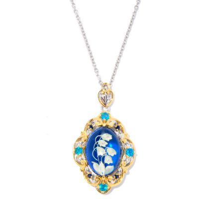 SS/PALL PEND CARVED AMBER INTAGLIO & NEON APATITE w/ 18" CHAIN
