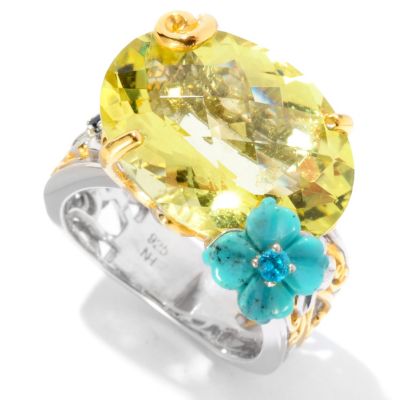 SS/PALL RING 18x13MM OURO VERDE w/ CARVED TURQUOISE & NEON APATITE "HAWAIIAN"