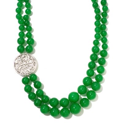 127-043 - Sterling Silver 23" Green Jade Double Row Necklace w/ Medallion