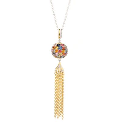 SS/PALL PEND MULTI-SAPPHIRE PAVE BEAD & CHAIN TASSLE w/ 18" CHAIN