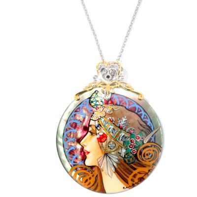 SS/PALL PEND HAND-PAINTED MOTHER OF PEARL MAIDEN WARRIOR MEDALLION w/18"CHAIN